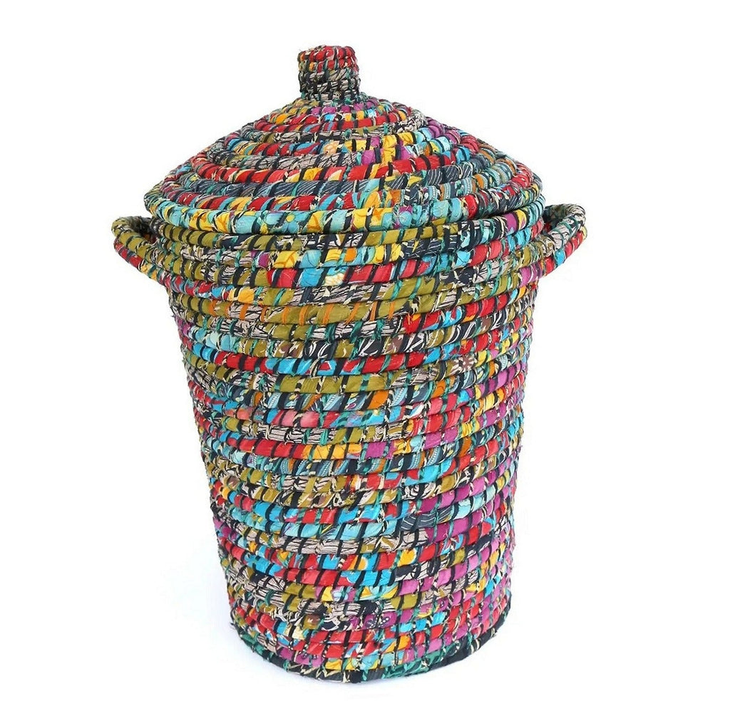 Handwoven Recycled Sari & Kaisa Grass Laundry Hamper